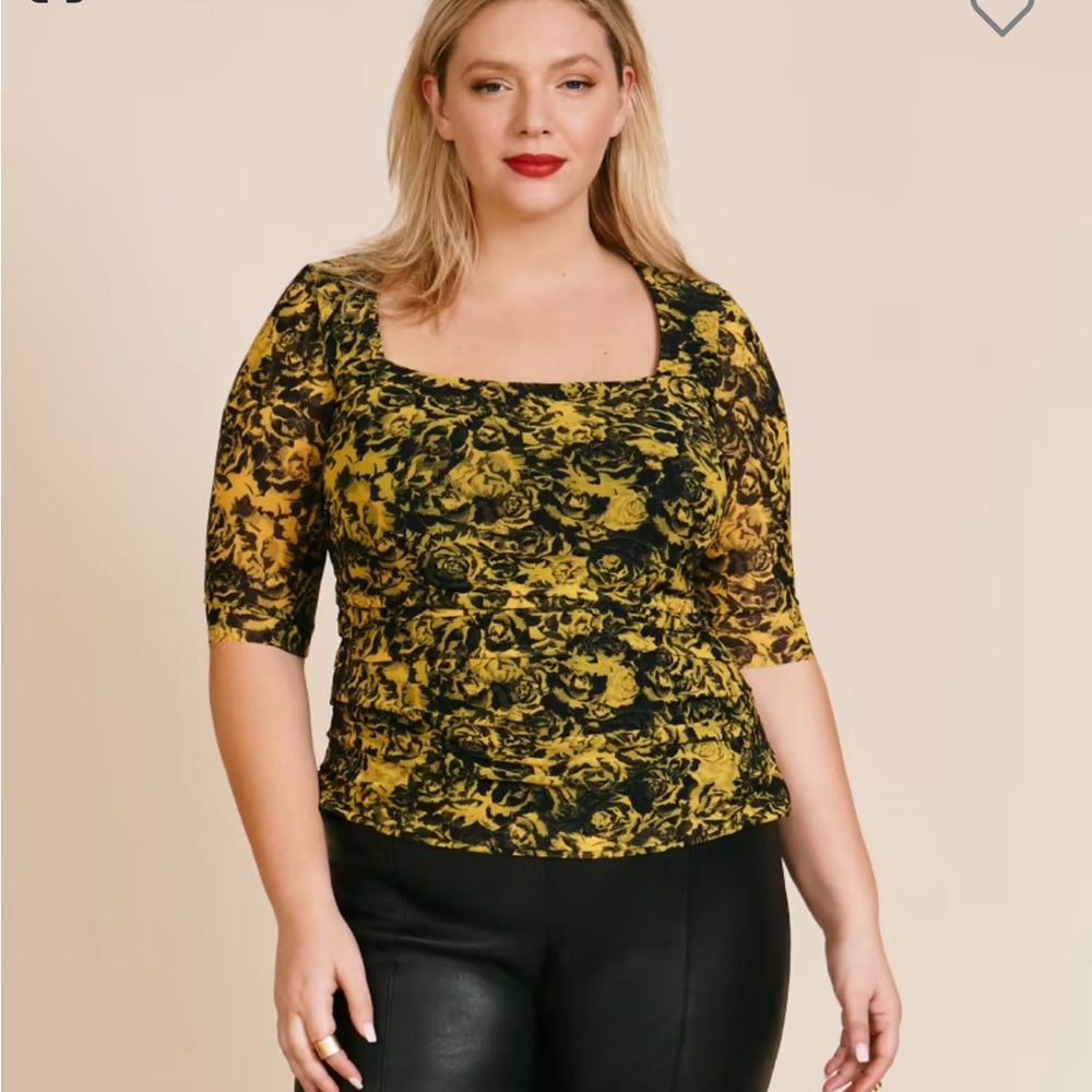 Ganni Black and Yellow Floral Square-Neck Ruched Lace Top